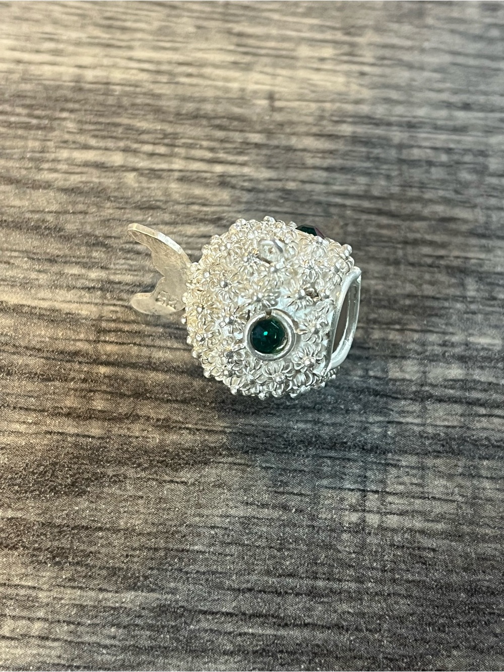 Sterling Silver Floral 🐡 PufferFish Charm with Green Gem Eyes.